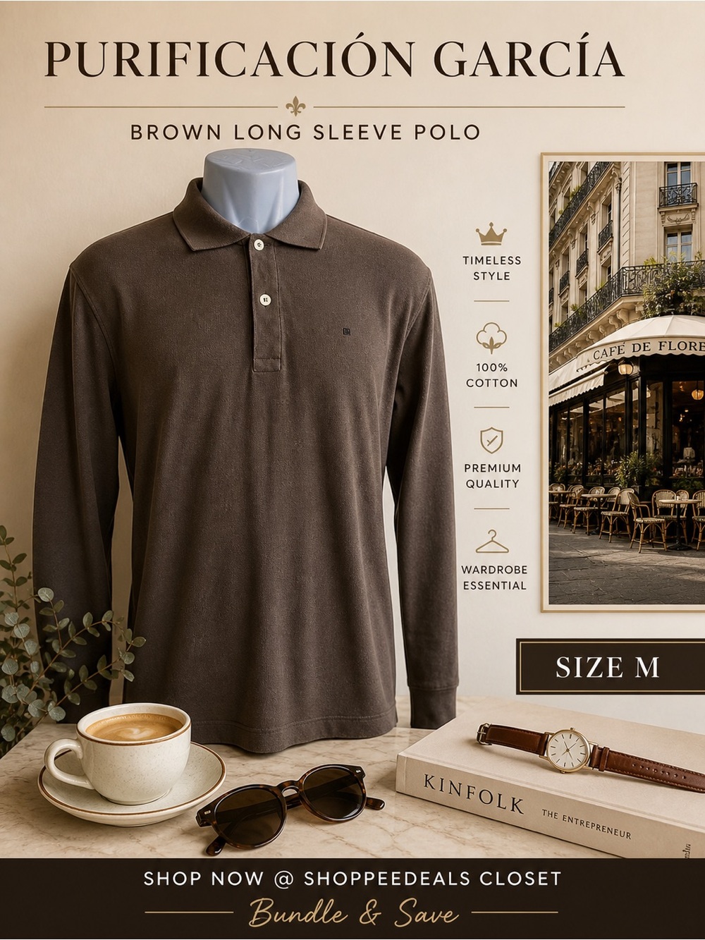 Purificación García Brown Long Sleeve Polo Shirt Size M